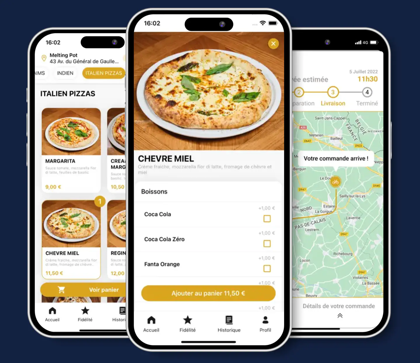 Écrans de l’application Melting Pot : menu, commande et suivi